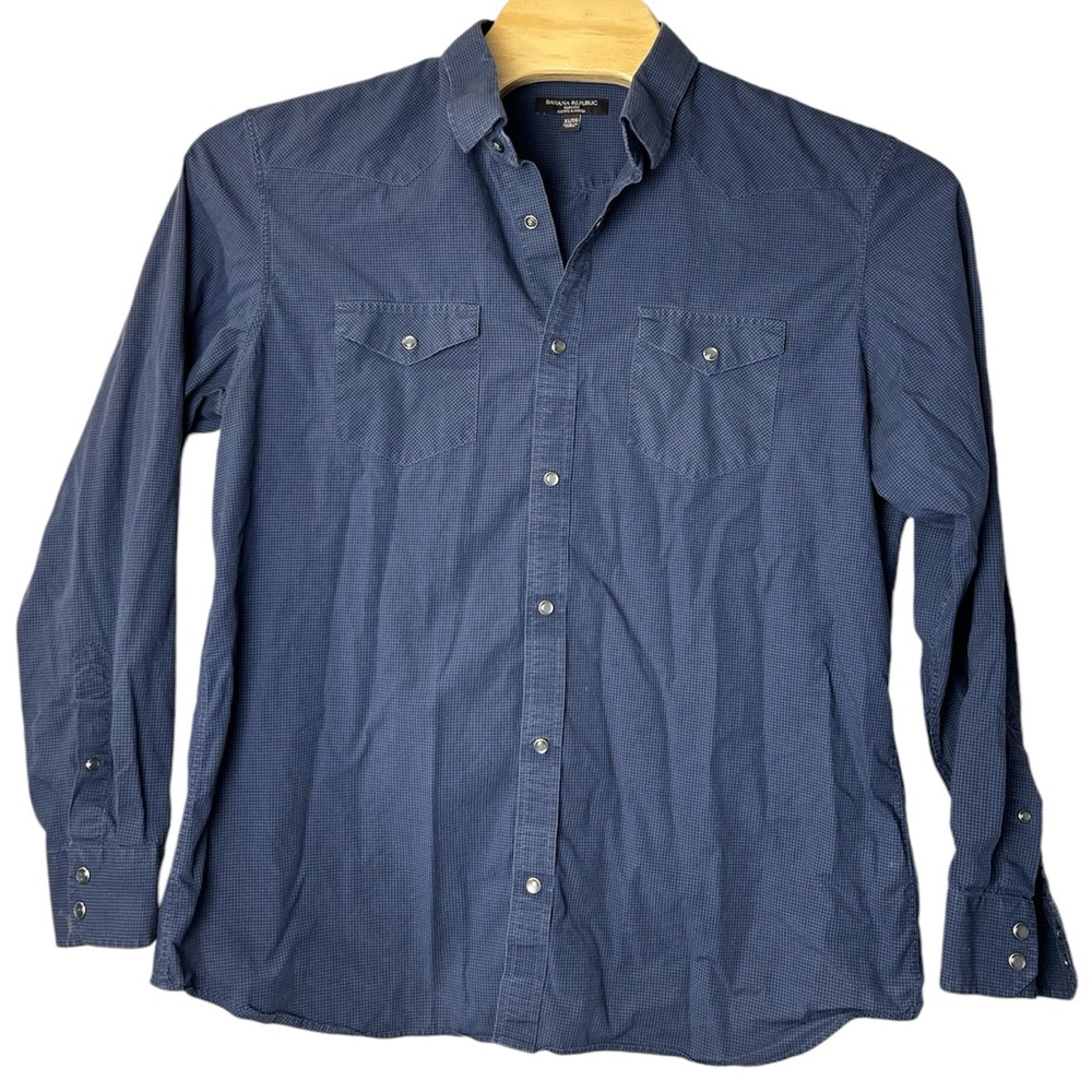 Banana Republic men’s shirt size XL‎ Blue Black pearl snap front slim fit